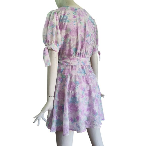 Skies Are Blue Cleo Coquette Puffy Tie Sleeve Floral Jacquard Wrap Dress M NWT - Picture 4 of 13